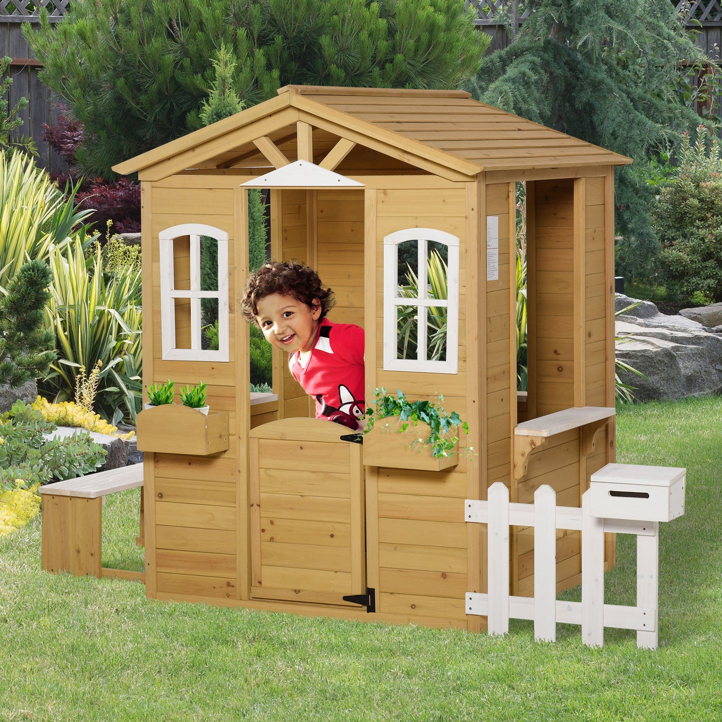 Children's wooden playhouse Outdoor playhouse with door, window and planter mailbox bench for children 3-6 years