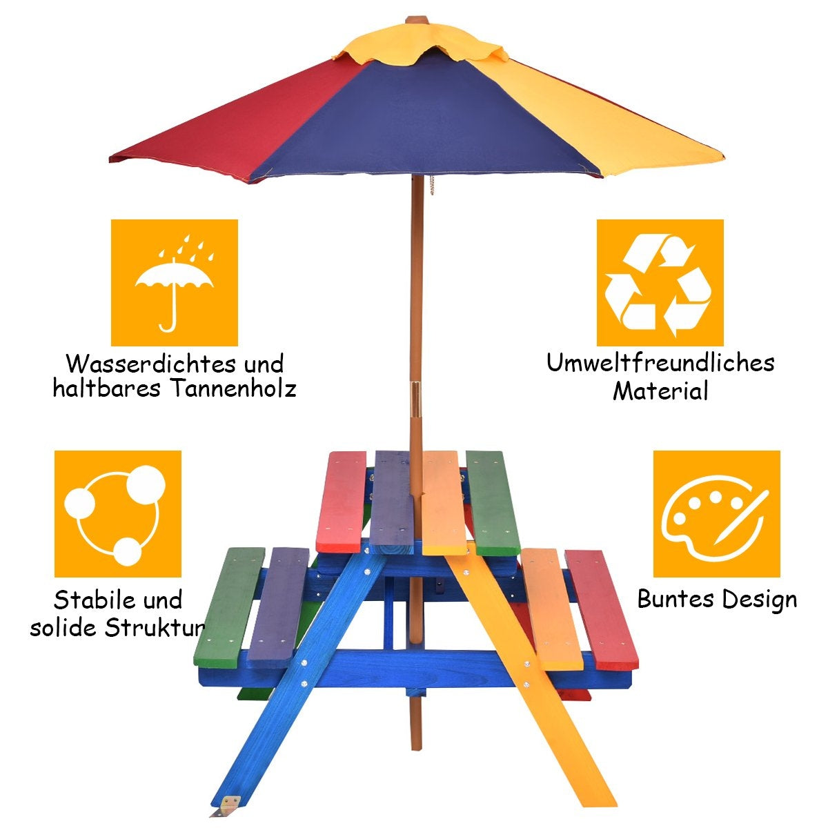 Children's wooden seating set, garden set, children's furniture, children's table with parasol and 2 benches for outdoor use