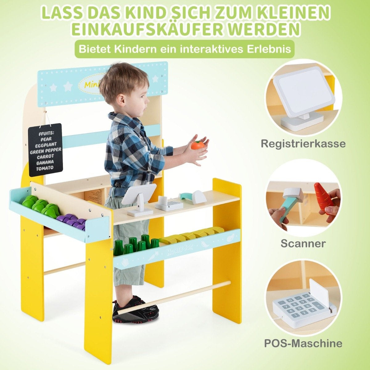 Children's wooden shop with removable board & POS machine & scanner & market toy set