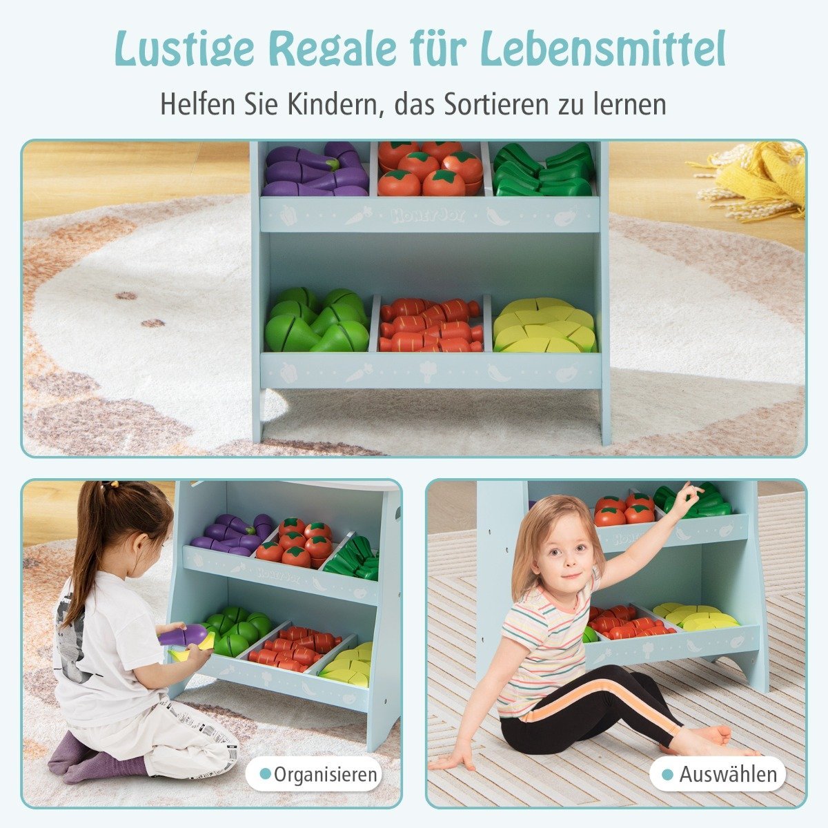 Children's wooden shop with sun roof & storage compartments & advertising sign & vegetables blue