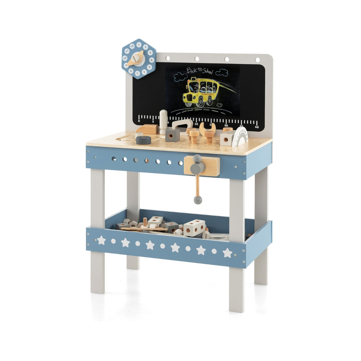 Children's wooden workbench with blackboard & clock & 61 accessories for children aged 3 and over blue