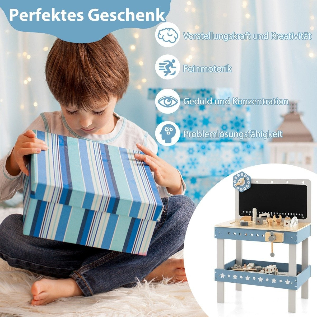 Children's wooden workbench with blackboard & clock & 61 accessories for children aged 3 and over blue