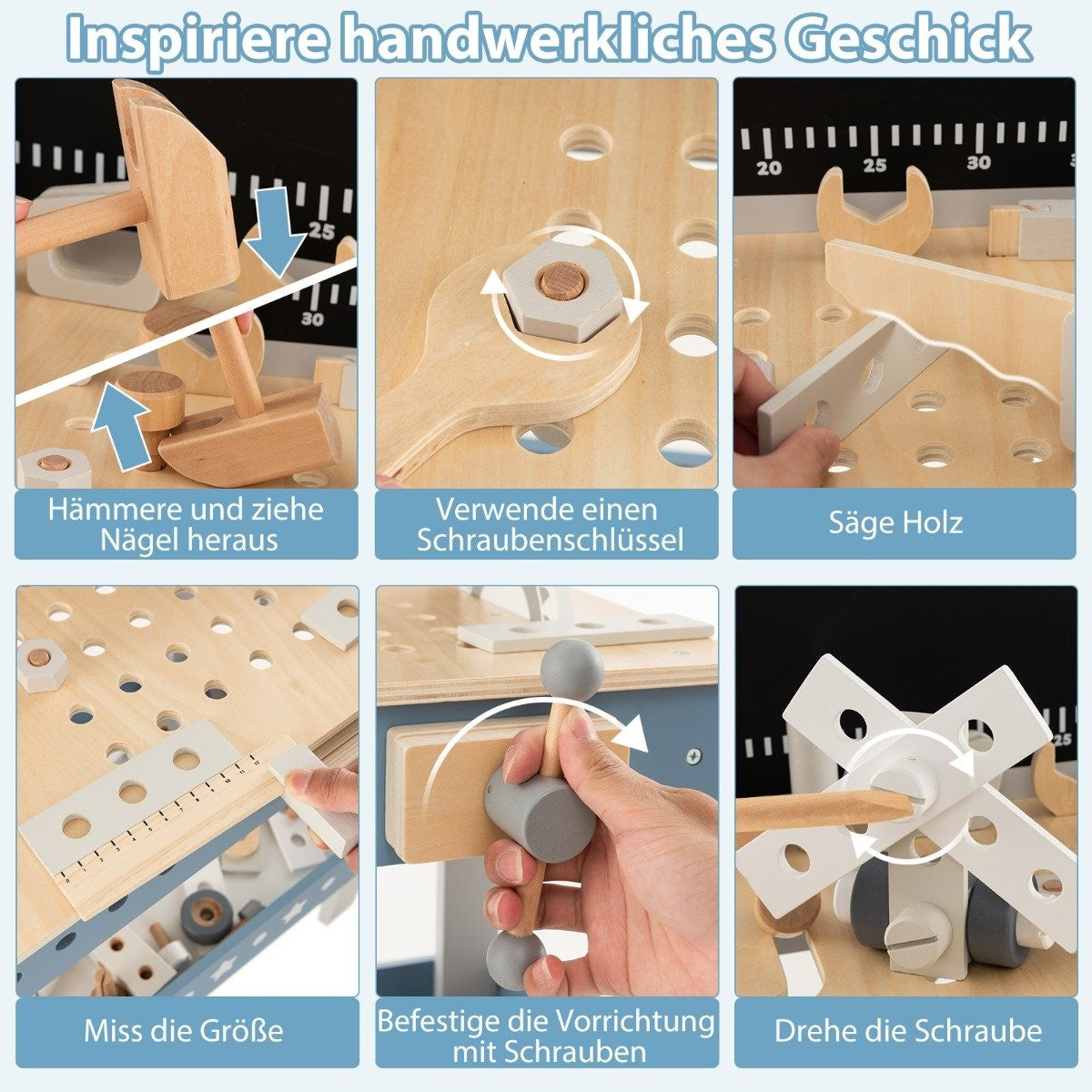 Children's wooden workbench with blackboard & clock & 61 accessories for children aged 3 and over blue