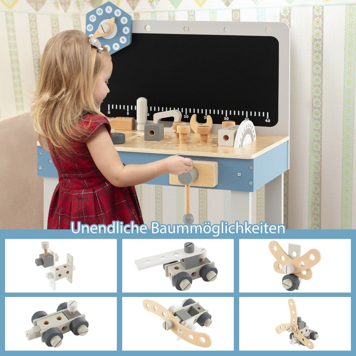 Children's wooden workbench with blackboard & clock & 61 accessories for children aged 3 and over blue