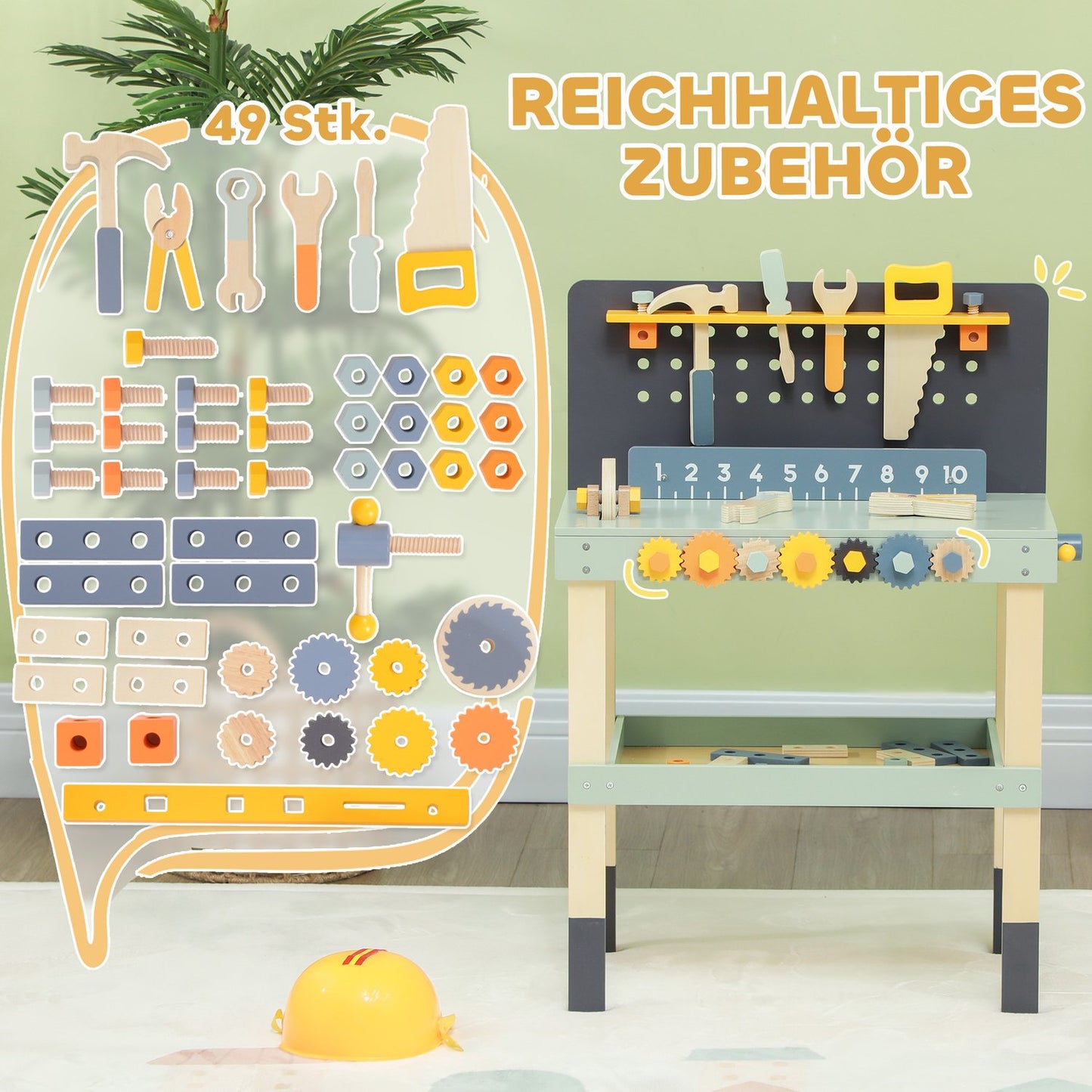 Tool bench set for children with accessories, ages 3-6