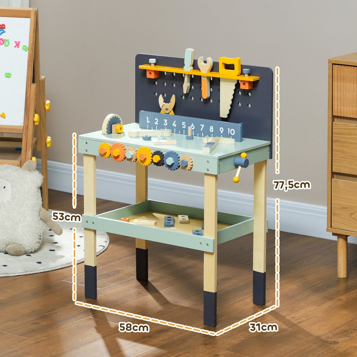 Tool bench set for children with accessories, ages 3-6