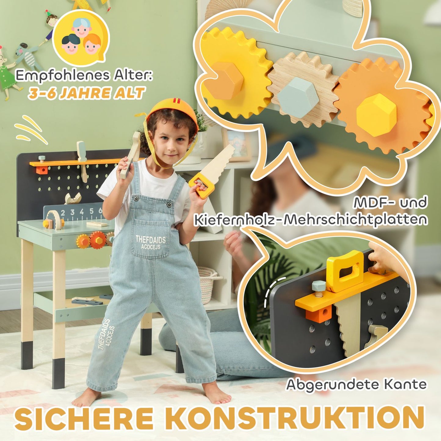 Tool bench set for children with accessories, ages 3-6