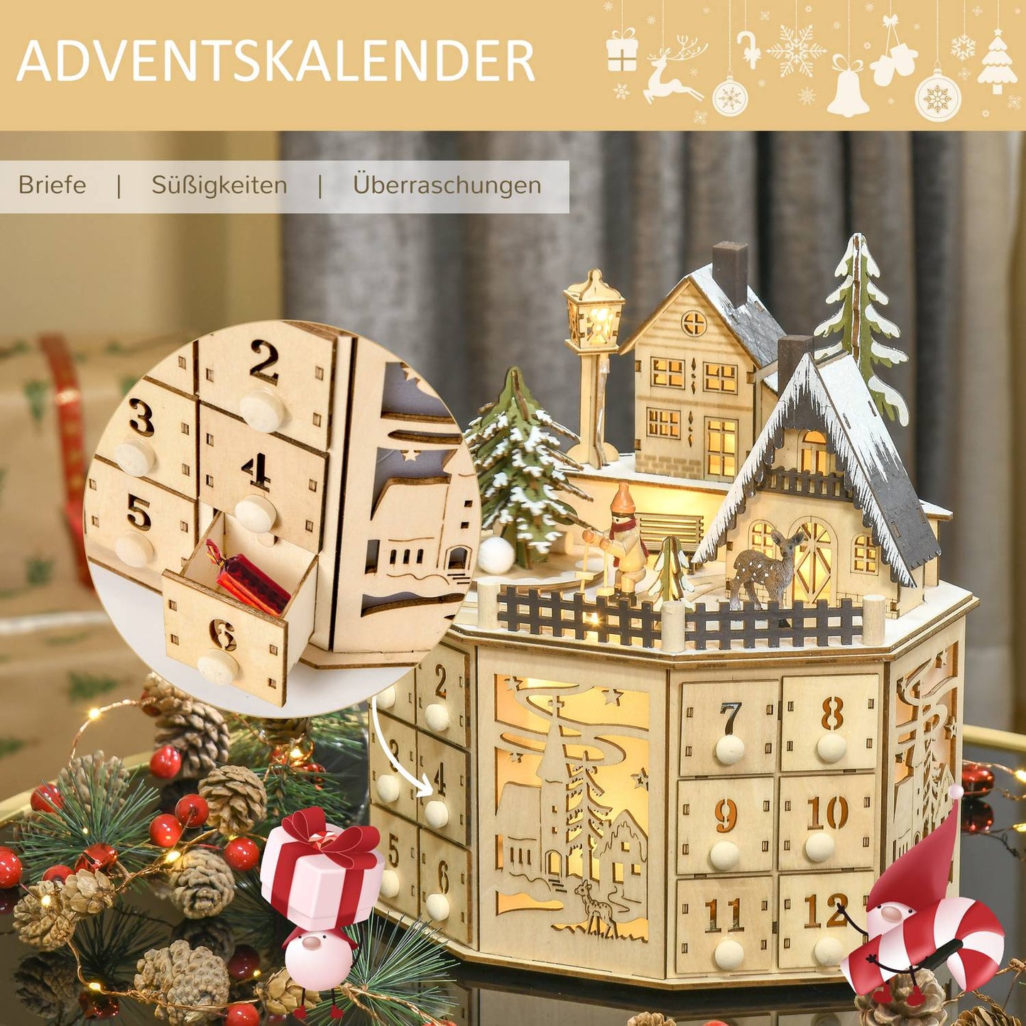 Wooden train advent calendar with 24 LED gift boxes