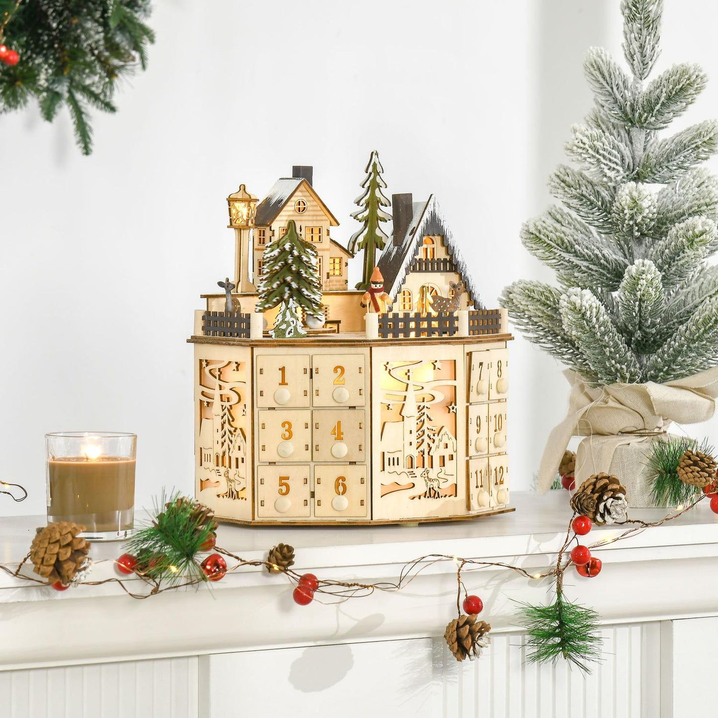 Wooden train advent calendar with 24 LED gift boxes