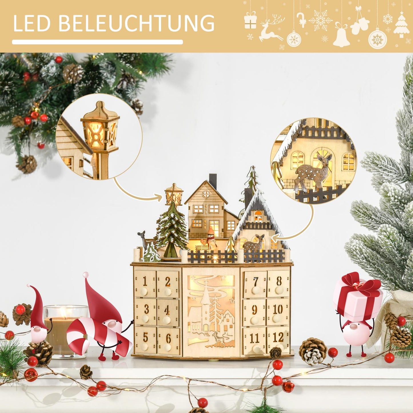 Wooden train advent calendar with 24 LED gift boxes