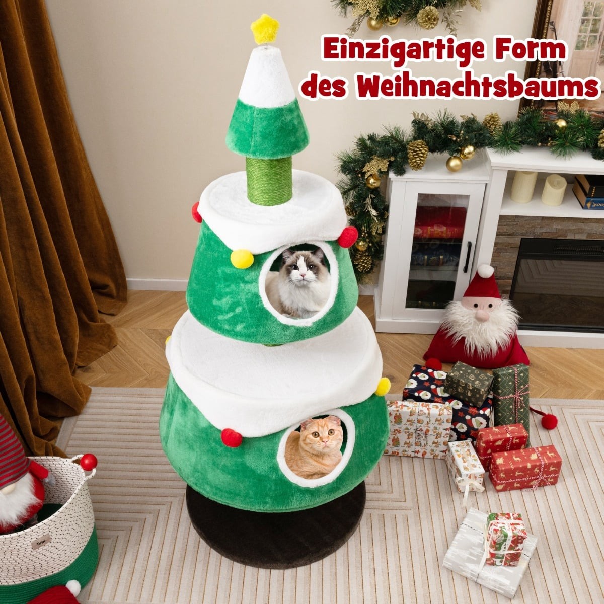 Christmas Cat Tree with 2 Caves, Sisal Posts, Plush Toys