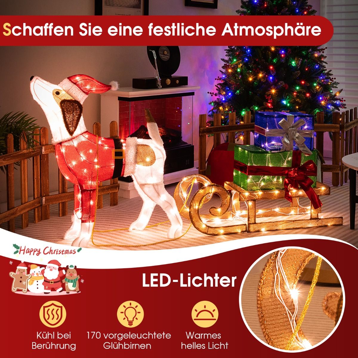 Christmas Dog & Sled Decoration with 170 LED Lights