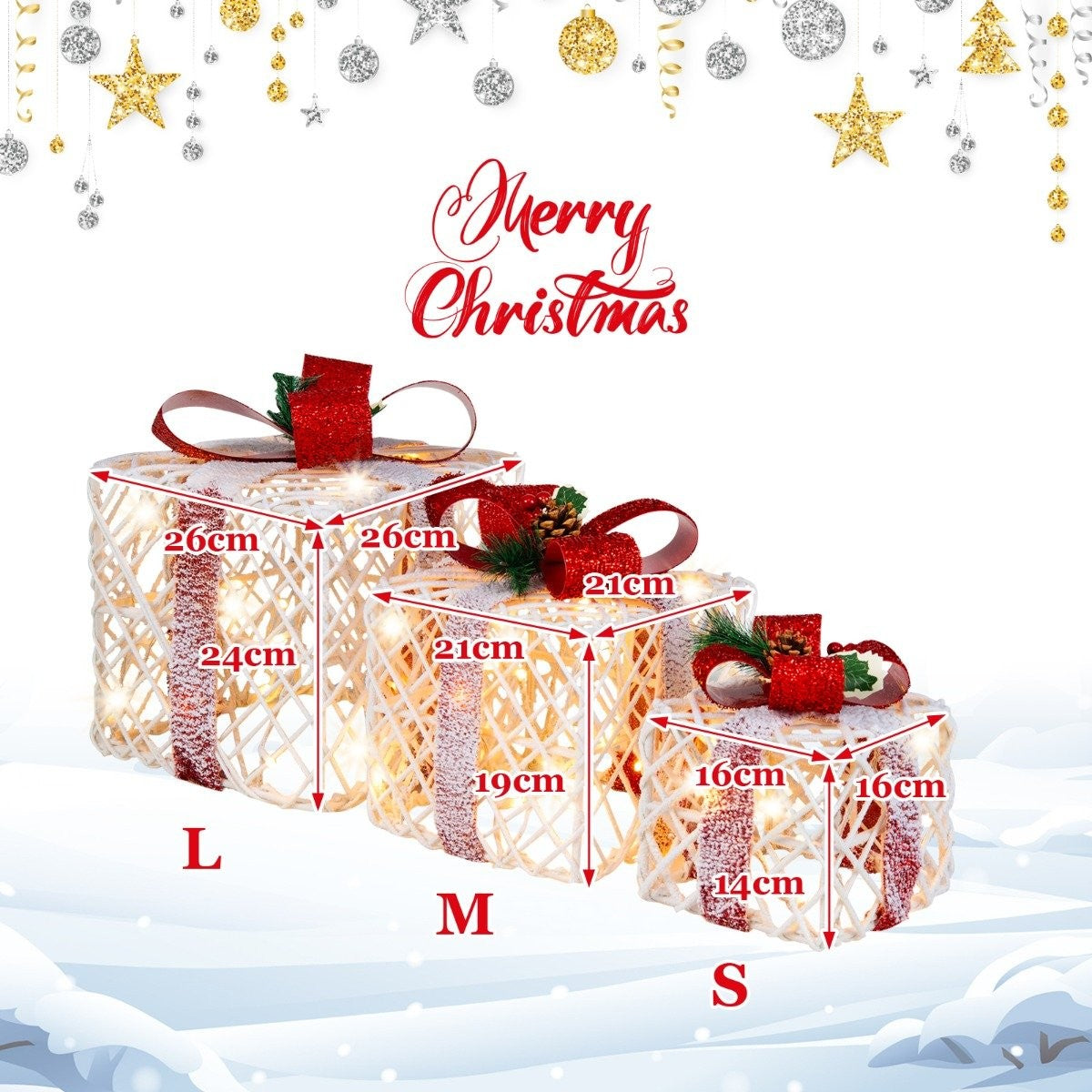 Christmas Gift Boxes Set of 3 Lighted Gift Boxes with Bows LED Lights 6H Timer