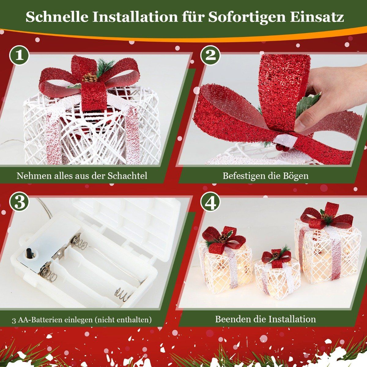 Christmas Gift Boxes Set of 3 Lighted Gift Boxes with Bows LED Lights 6H Timer
