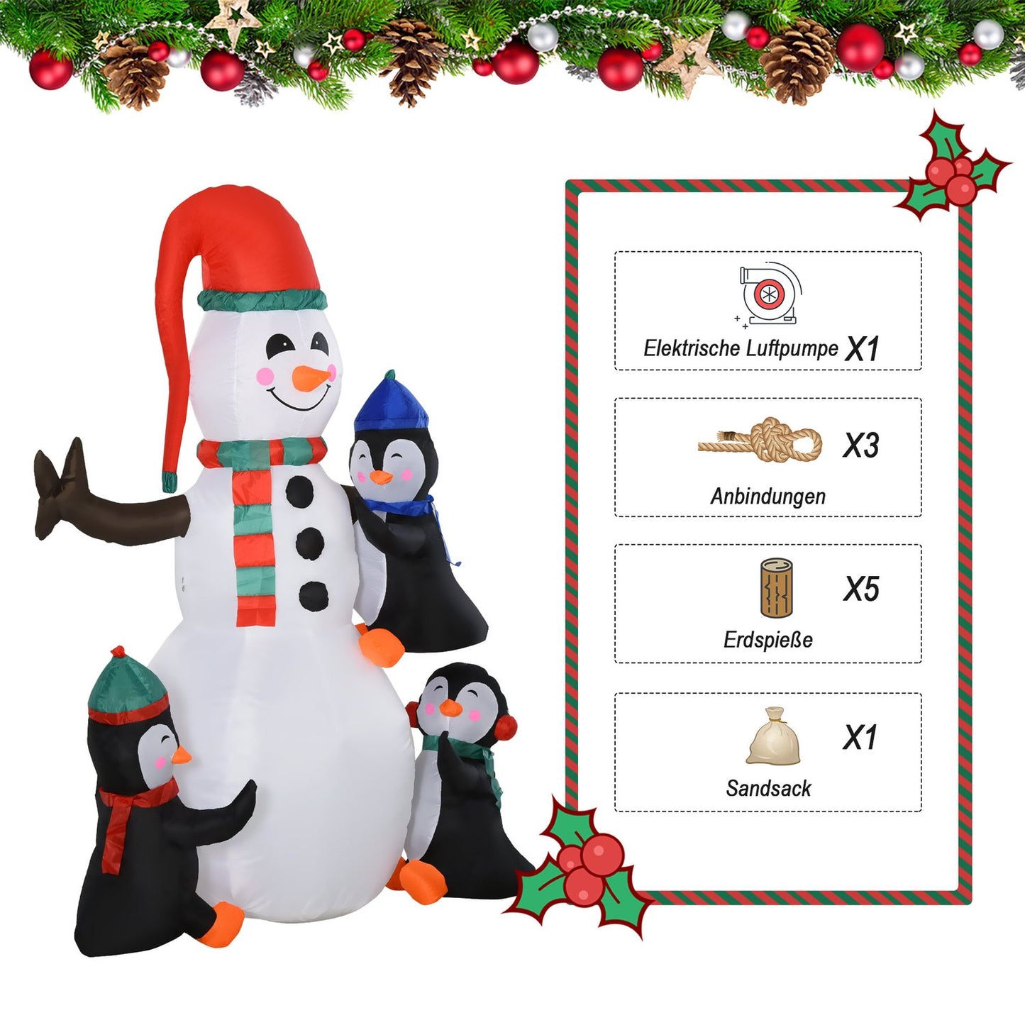 Inflatable Christmas snowman with 3 penguins, LED light