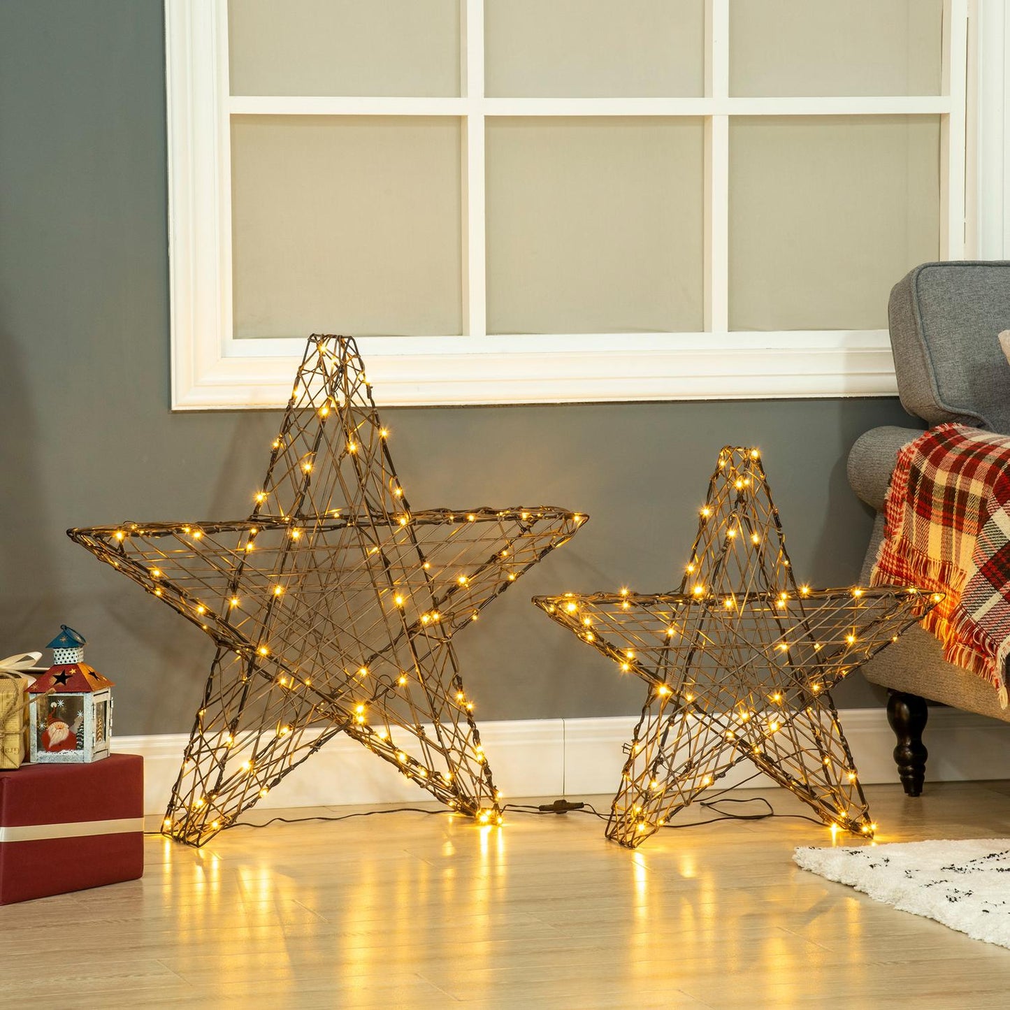 Warm white LED poinsettia Christmas lights, set of 2