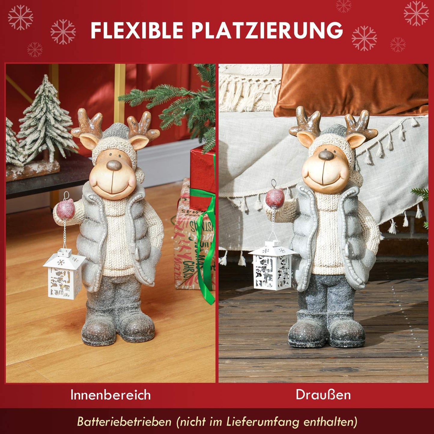Christmas Reindeer Decoration with LED Lantern, Battery-Powered
