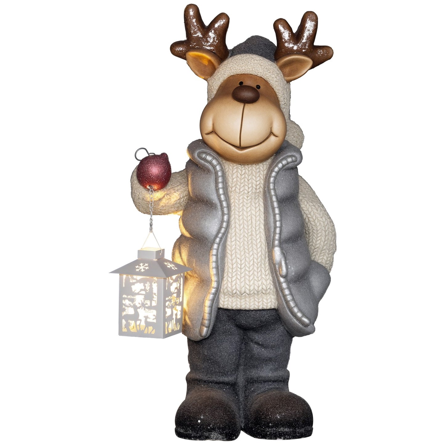 Christmas Reindeer Decoration with LED Lantern, Battery-Powered