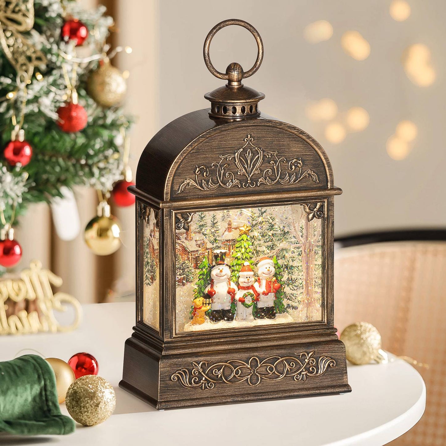 Snow globe lantern with light & music - Christmas decoration in bronze