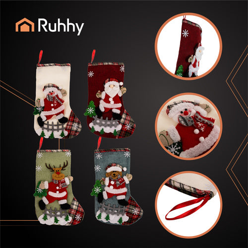 Christmas Stockings Set, 4 Decorative Designs, 19x31 cm