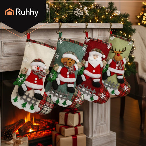 Christmas Stockings Set, 4 Decorative Designs, 19x31 cm