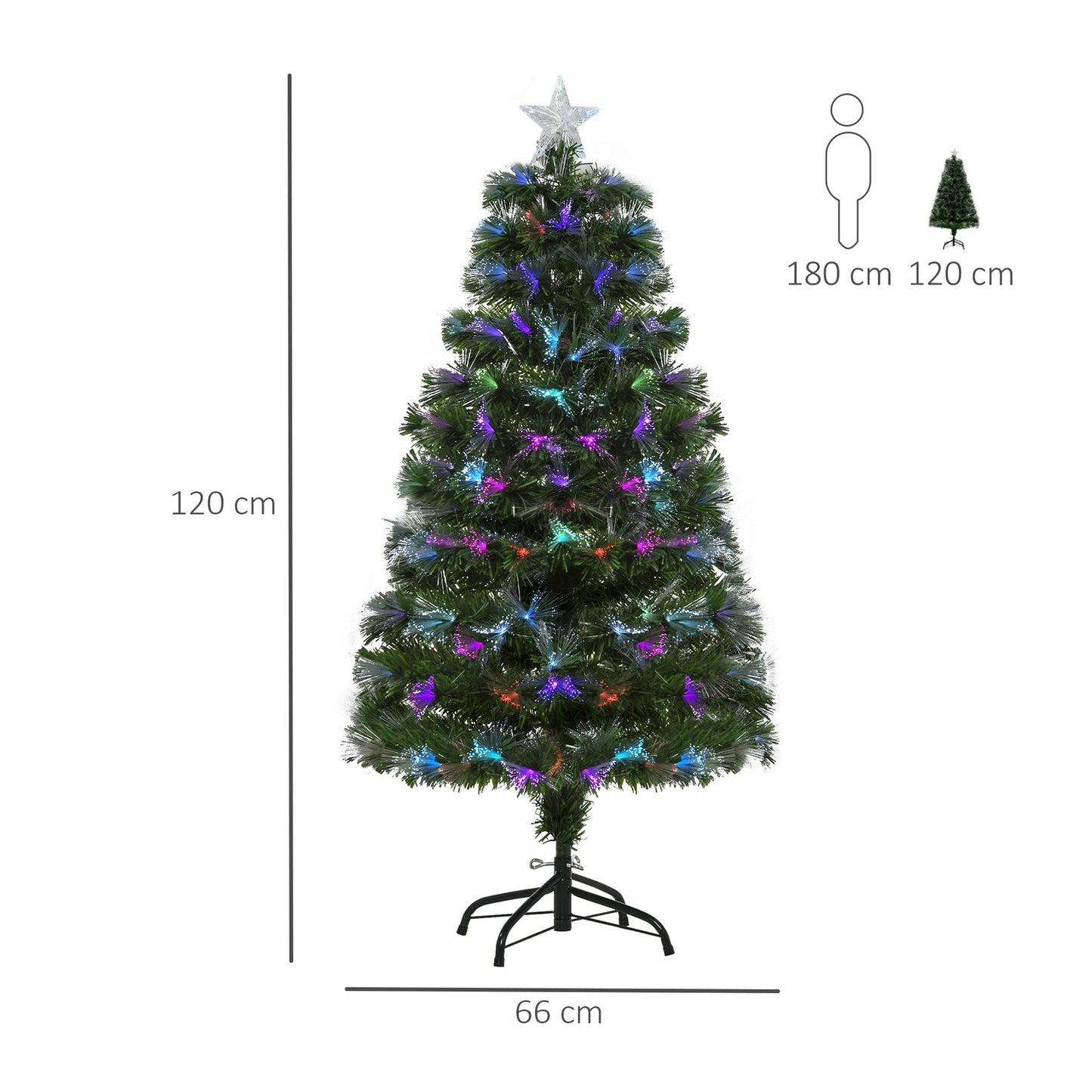 Artificial Christmas tree, 120 cm, multicolored lights & metal base