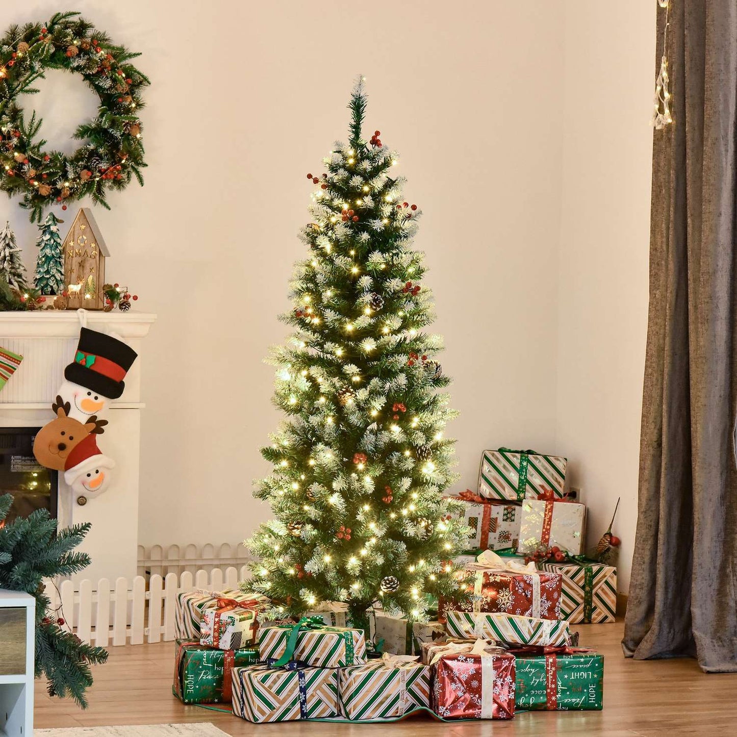 Artificial Christmas tree, 1.5 M with LED lights & red berries