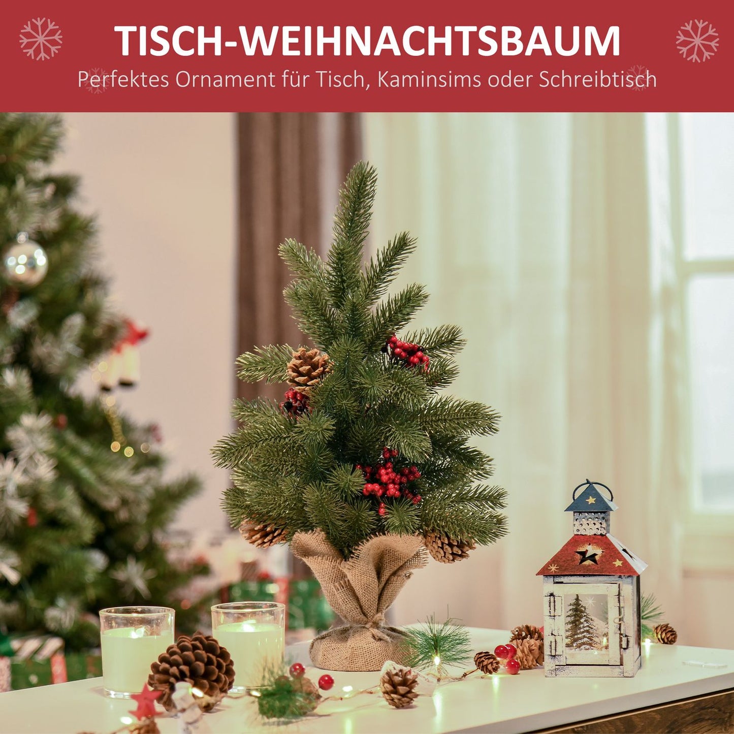 Artificial Christmas tree, 50cm, red berries & pine cones