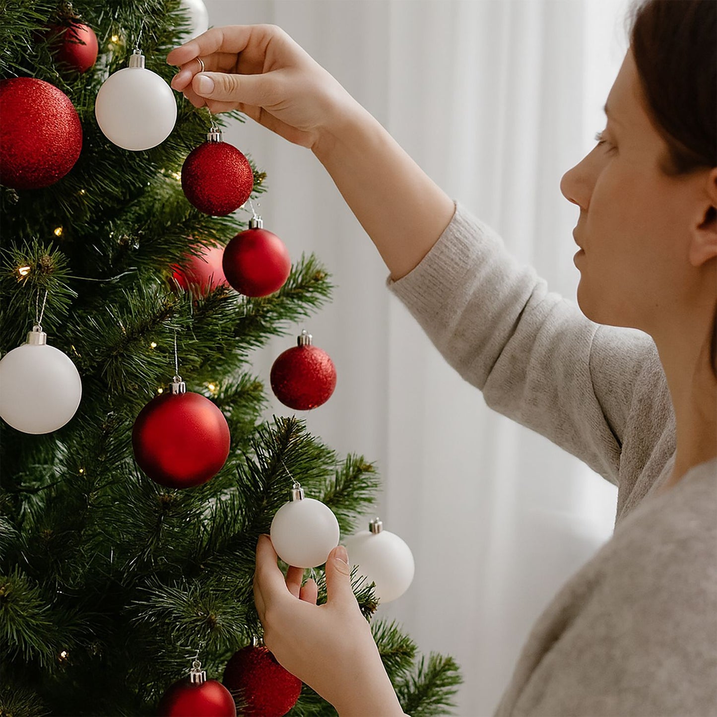 Christmas Tree Baubles Set, Red & White, Various Finishes