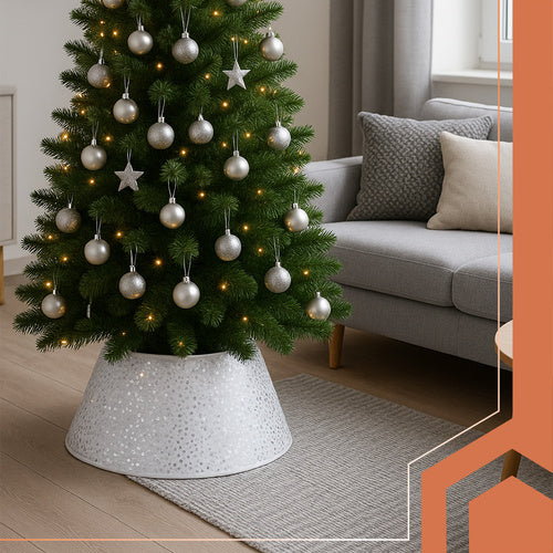 Christmas Tree Stand Cover, 60cm White with Silver Sequins