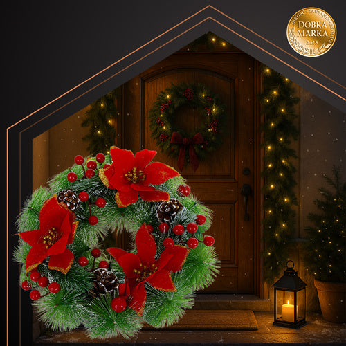 Christmas Wreath 30cm – Pine Cones, Red Berries, PVC