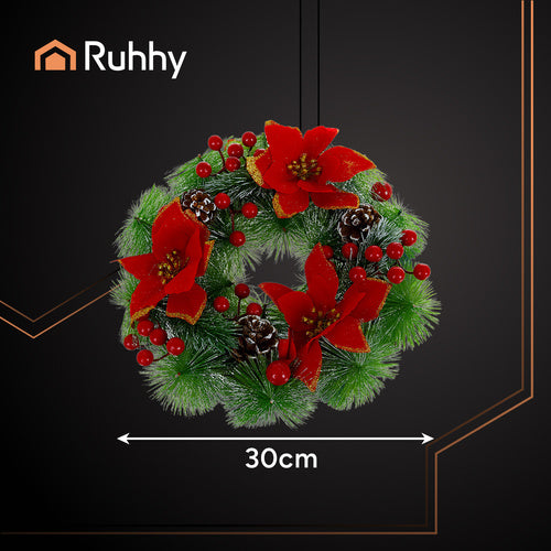 Christmas Wreath 30cm – Pine Cones, Red Berries, PVC