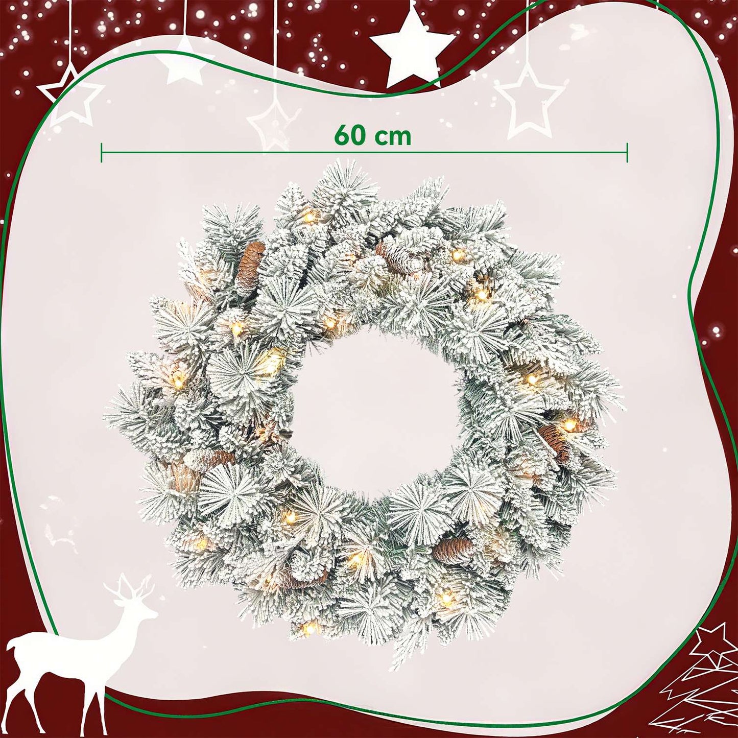 Christmas Wreath with LED Lights, Pinecones, 60cm