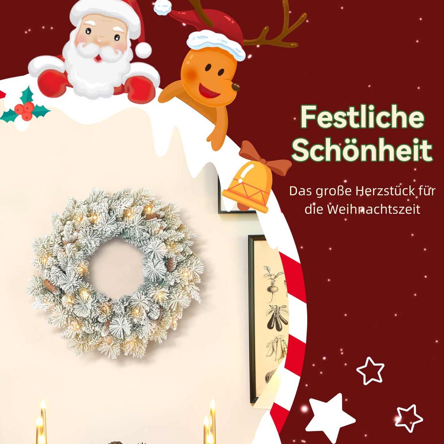 Christmas Wreath with LED Lights, Pinecones, 60cm