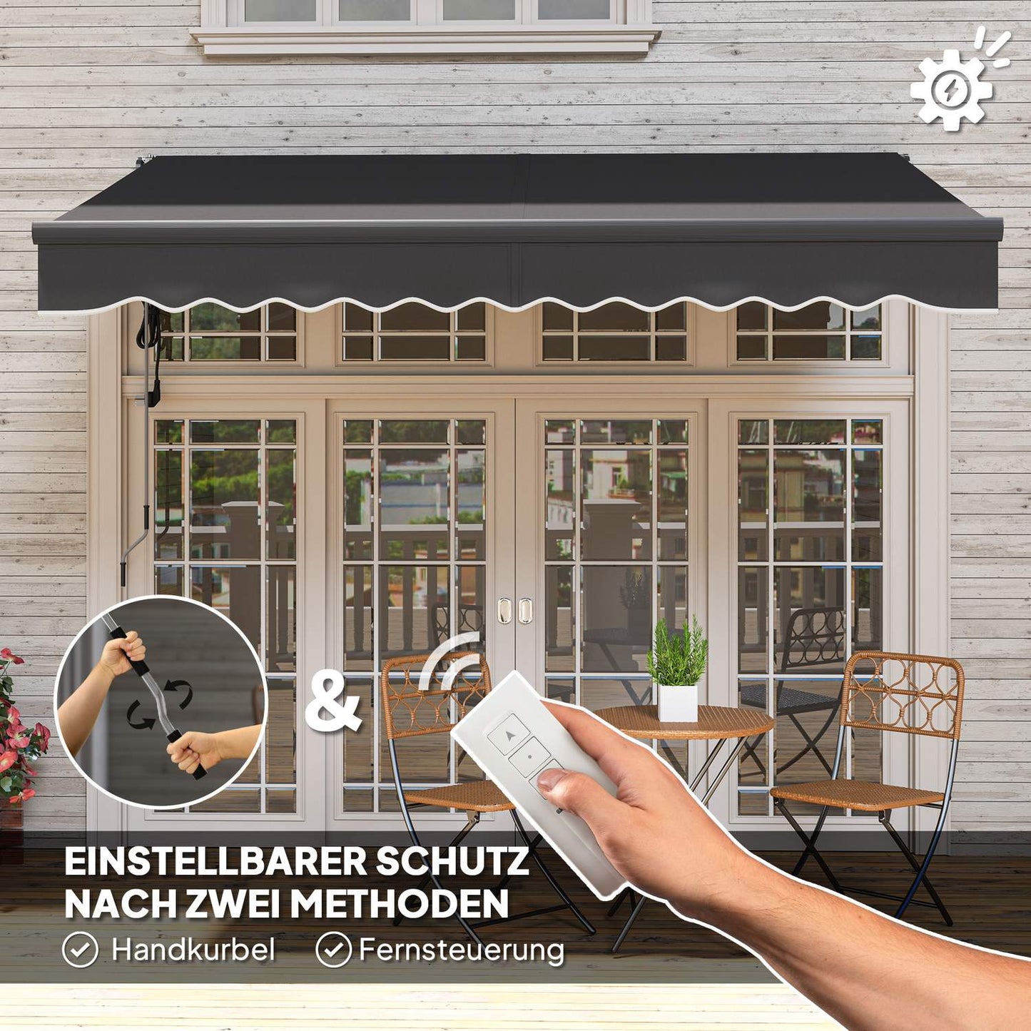 Tension awning with hand crank, UV 30+, 300cm, dark grey