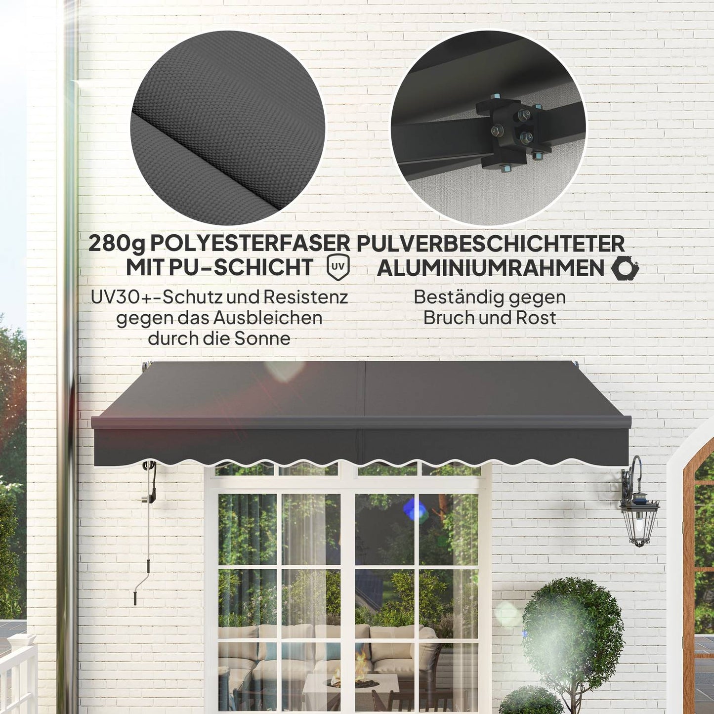 Tension awning with hand crank, UV 30+, 300cm, dark grey
