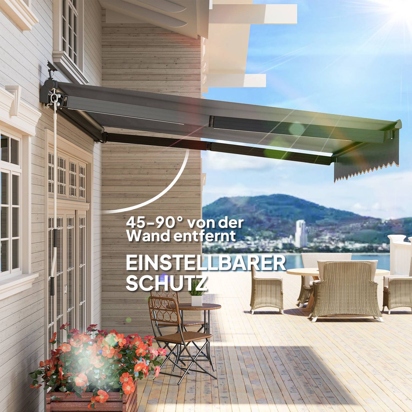 Tension awning with hand crank, UV 50+, 400 cm, Grey