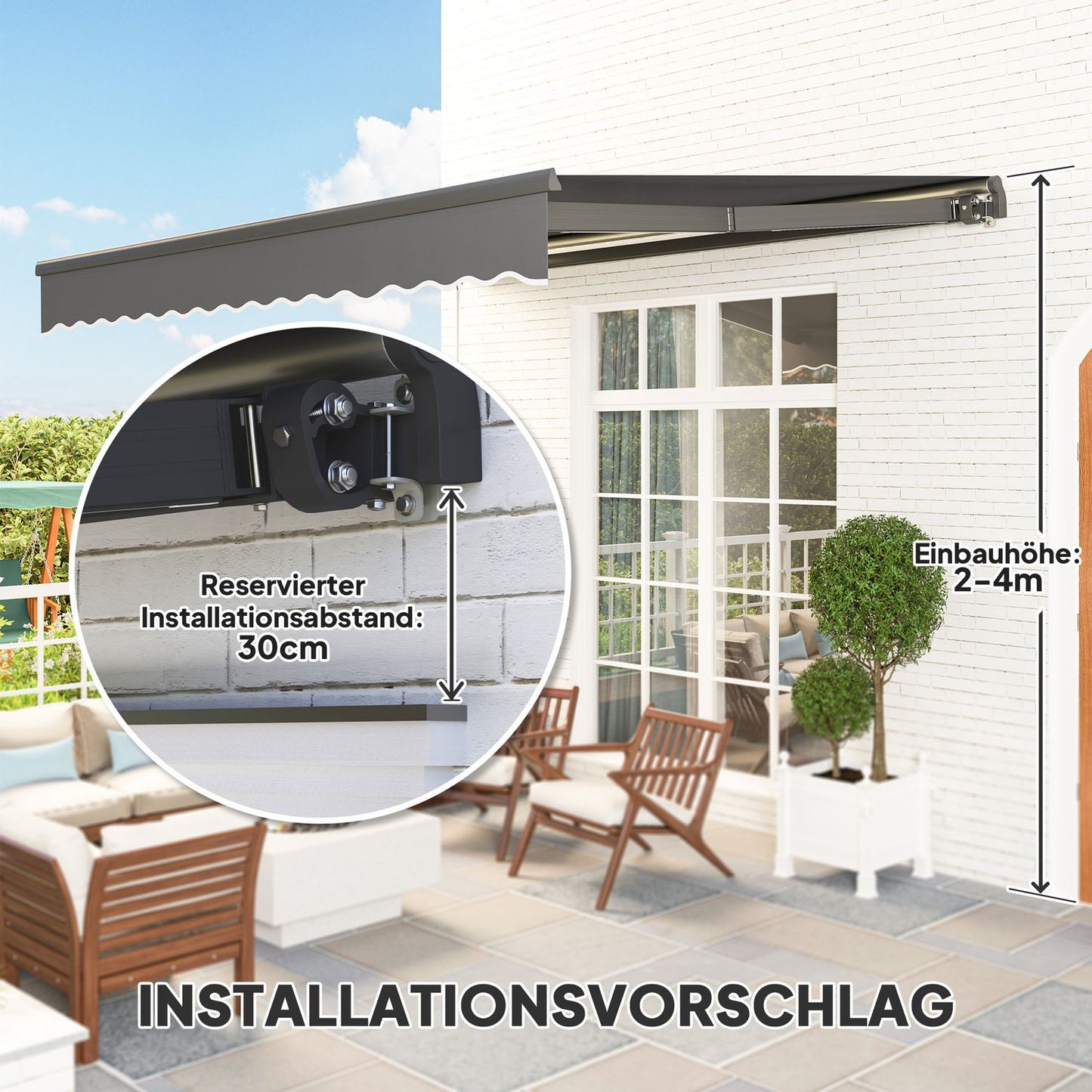 Tension awning with hand crank, UV 50+, 400 cm, Grey