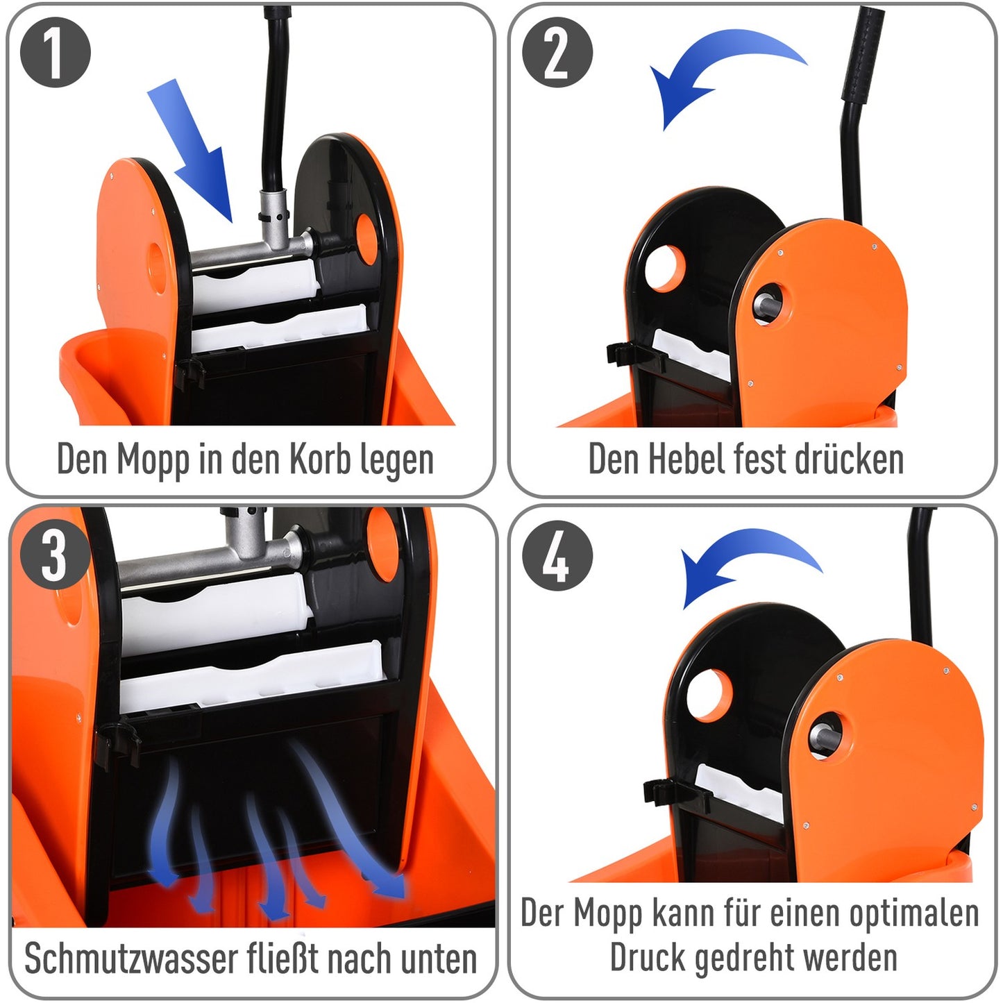 Cleaning trolley with swivel system, 36L - Black/Orange
