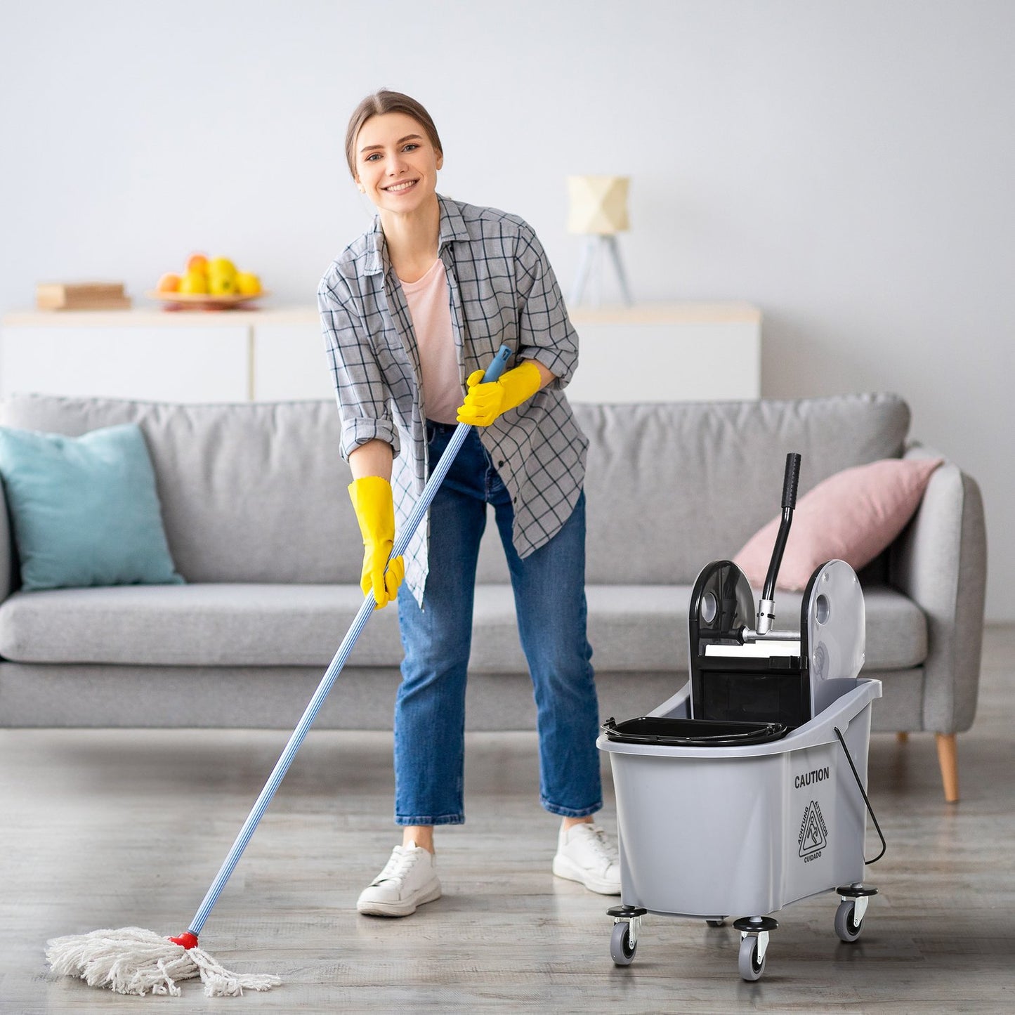 Mobile cleaning trolley with 36L bucket and twister, grey