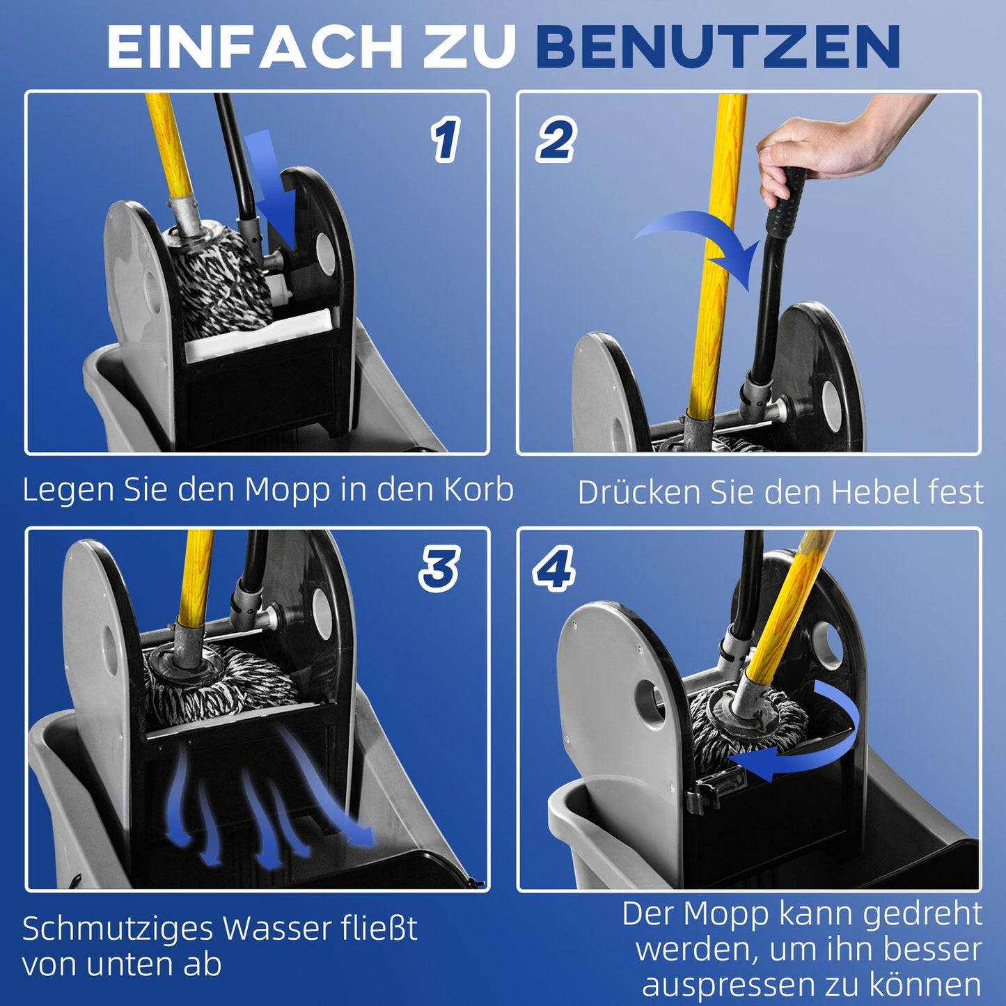 Mobile cleaning trolley with 36L bucket and twister, grey