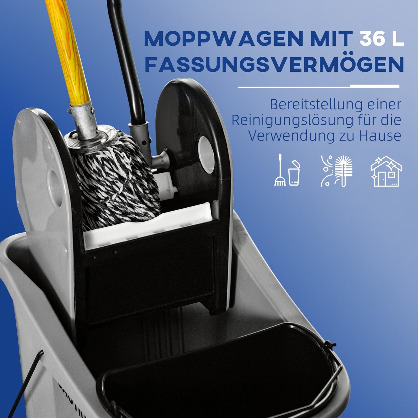 Mobile cleaning trolley with 36L bucket and twister, grey