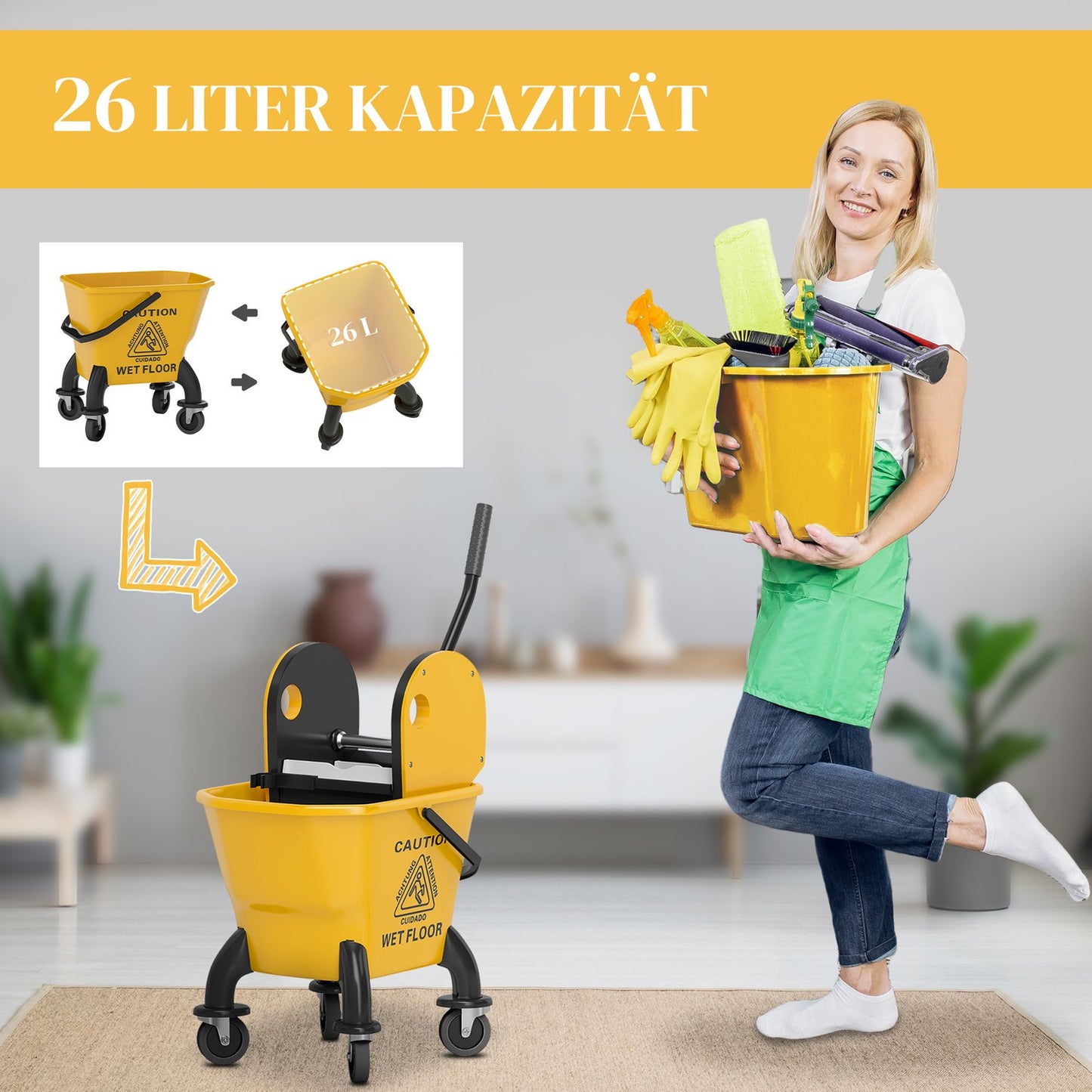 Cleaning trolley with 26L bucket & mop – Yellow