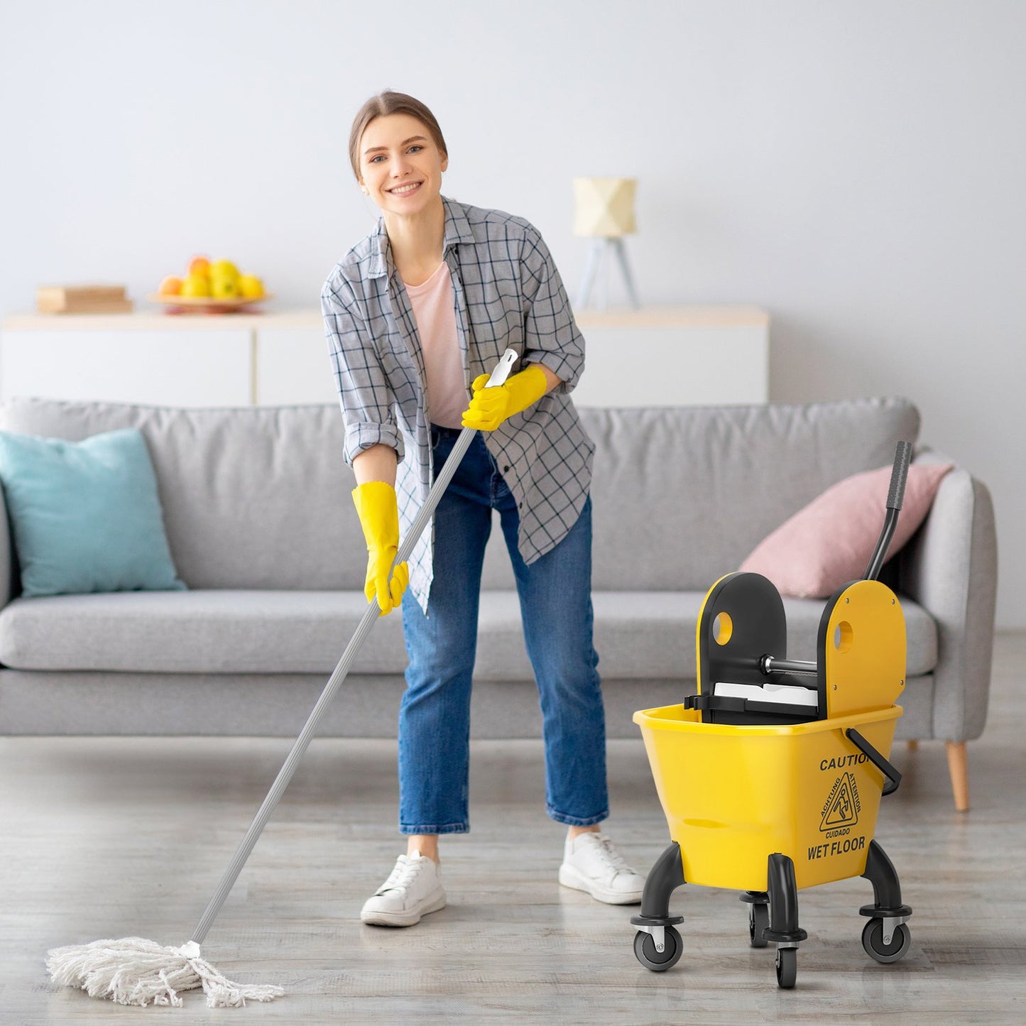 Cleaning trolley with 26L bucket & mop – Yellow