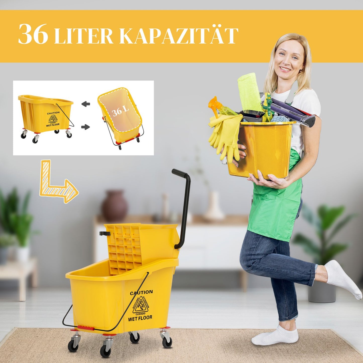 Cleaning trolley with 36L bucket and mop for building