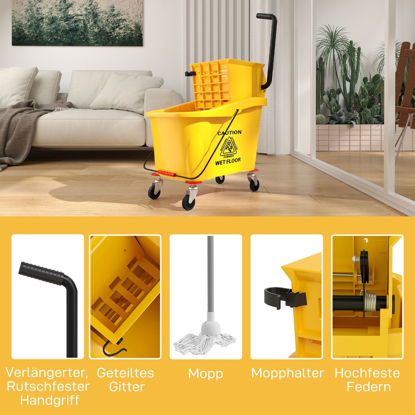 Cleaning trolley with 36L bucket and mop for building