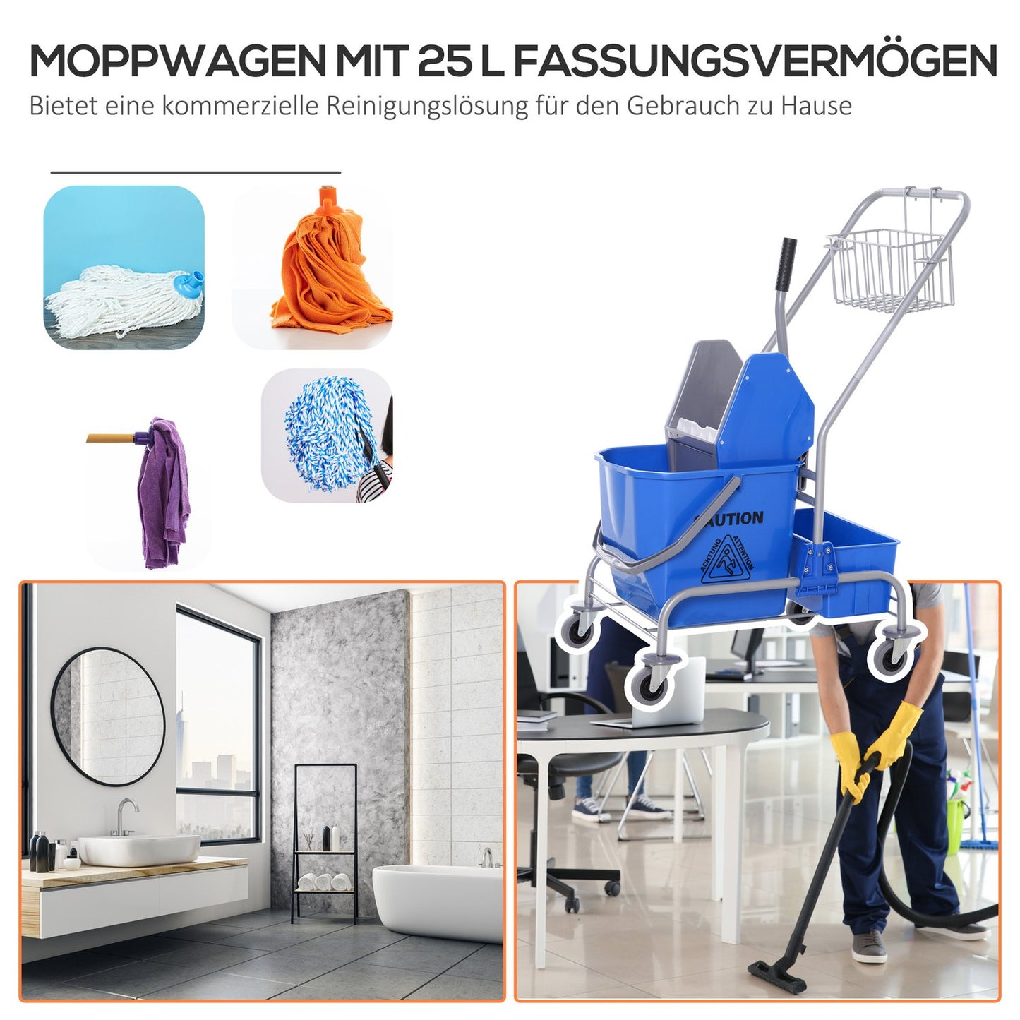 25L blue mobile cleaning cart with mop wringer