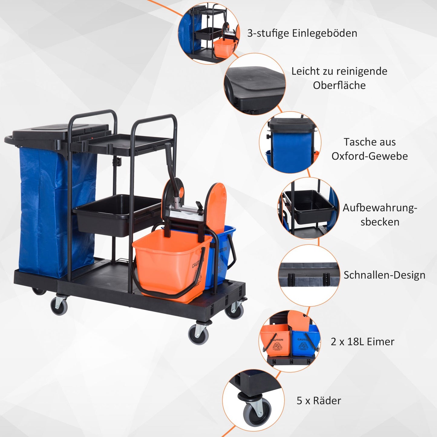 Cleaning trolley with 4 wheels - 111x63.3x103cm, Multicolor
