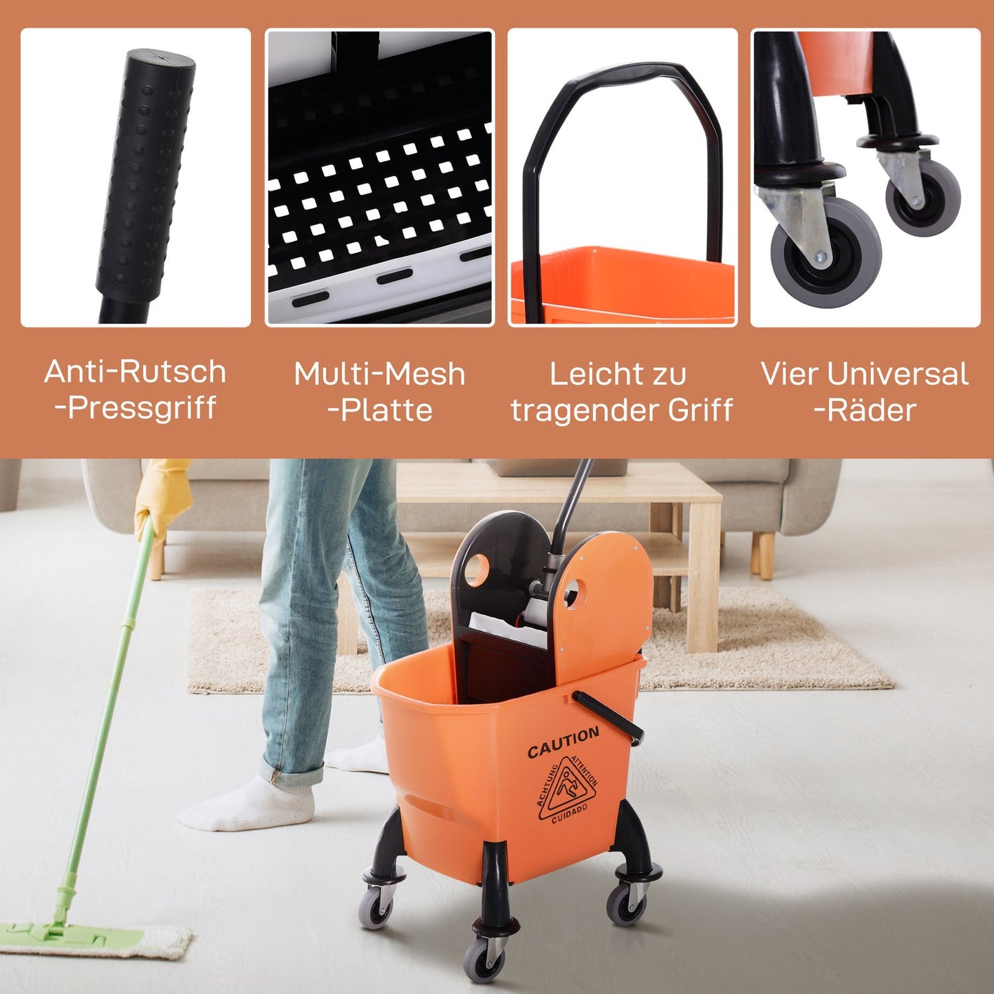 Cleaning trolley with turner and 26L mobile bucket