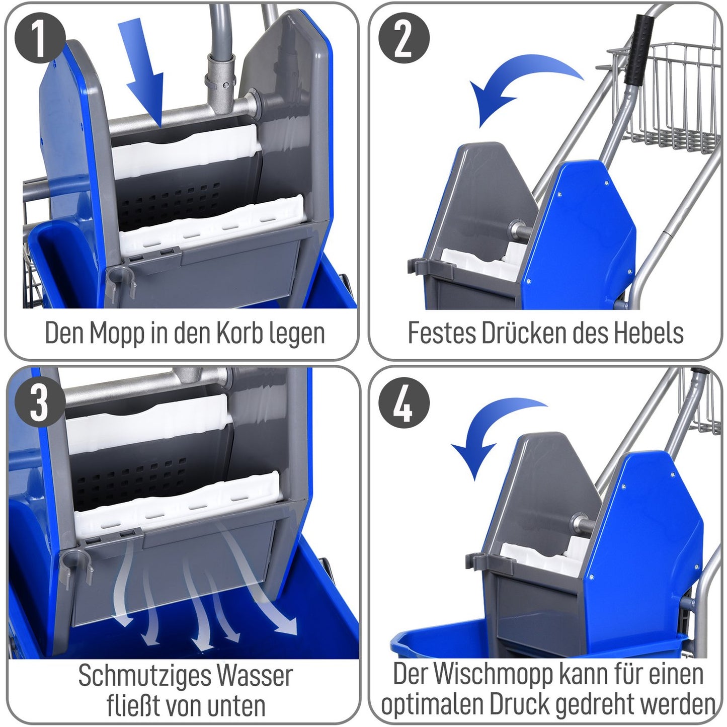 Cleaning trolley with press, 26L bucket + storage basket